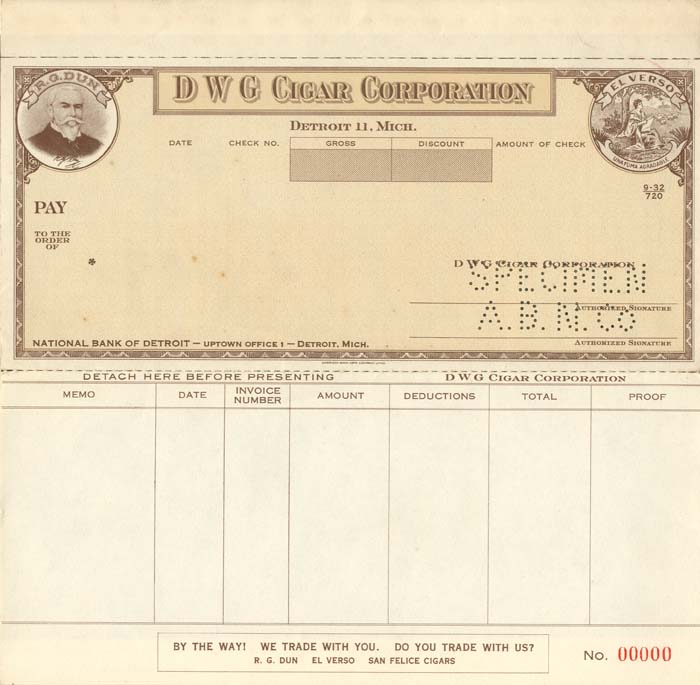 D W G Cigar Corporation - American Bank Note Company Specimen Checks